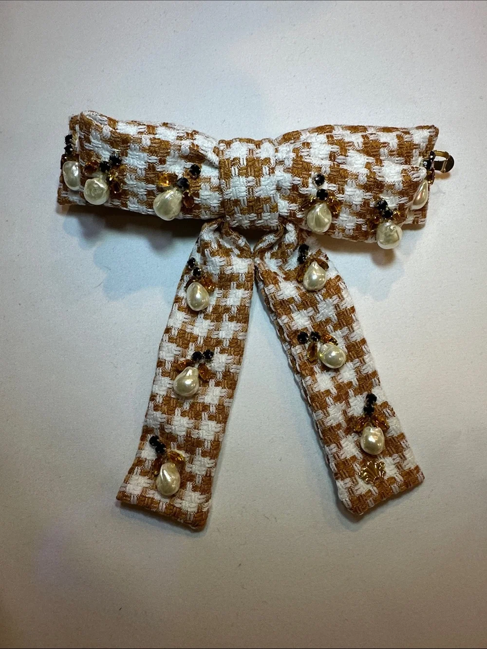 Lele Sadoughi Pearl-Embellished Tweed Bow Hair Clip - Brown & White